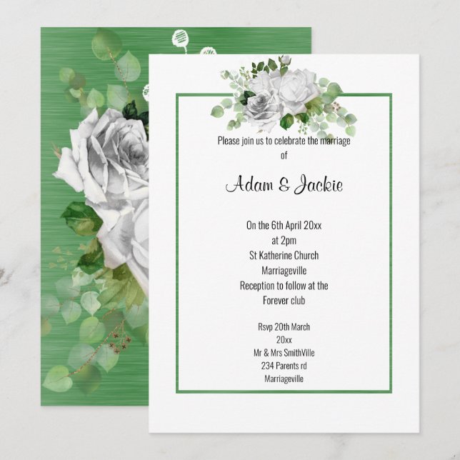INVITATION ÉLÉGANT MARIAGE TRIM FLORAL BOUQUET SAGE (Devant / Derrière)