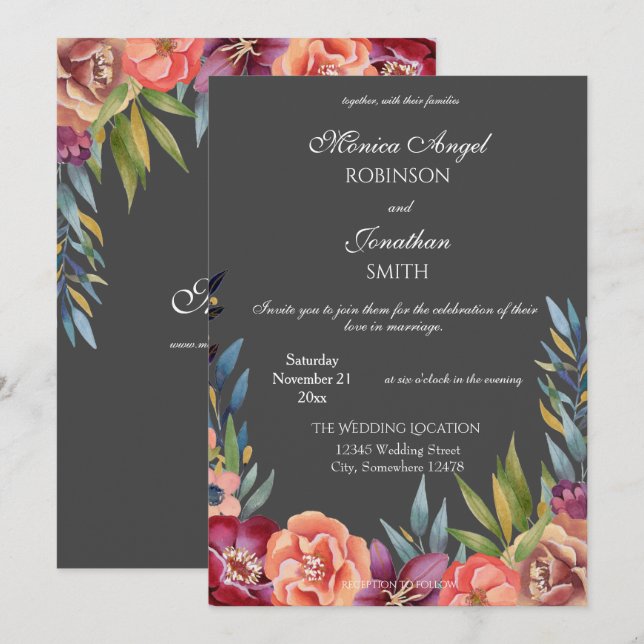Invitation Élégant Mariage Tropical Burgundy & Blush Grey V2 (Devant / Derrière)