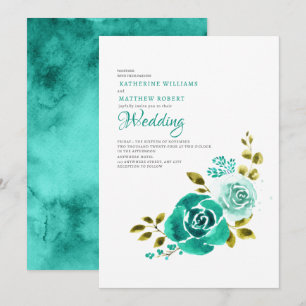 Invitation Élégant Mariage Turquoise blanc floral