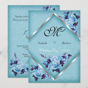 Invitation Élégant Mariage Turquoise Roses Violettes Bouquet