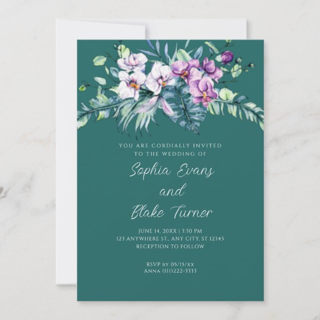 Invitation Élégant Mariage vert floral blanc et violet (Devant)