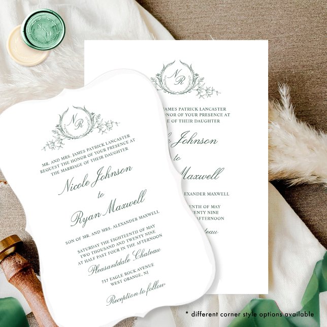 Invitation Élégant Mariage vert Monogramme officiel (Créateur téléchargé)