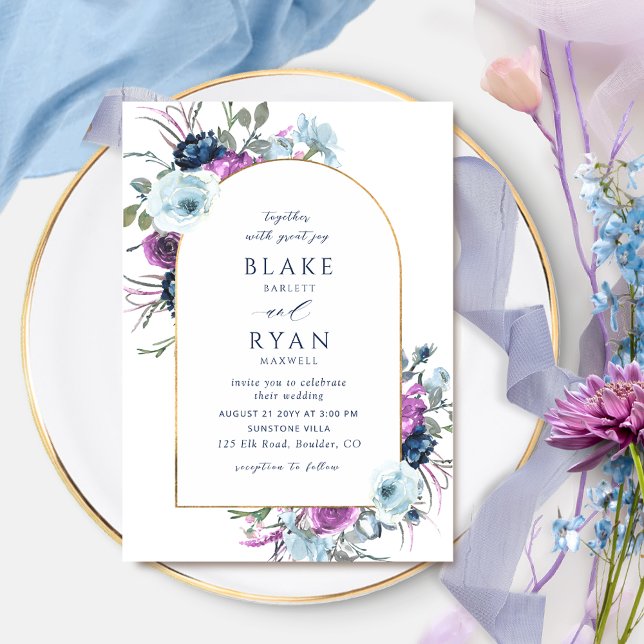 Invitation Élégant Mariage violet et bleu arche florale (Créateur téléchargé)