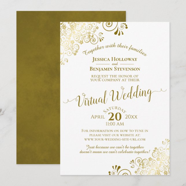 Invitation Elégant Mariage virtuel Gold & White Frilly (Devant / Derrière)