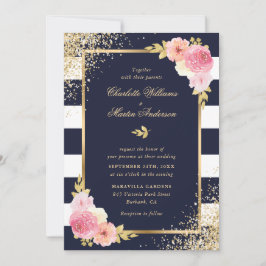 Invitation Elégant Marine Blanc Or Blush Rose Floral Mariage