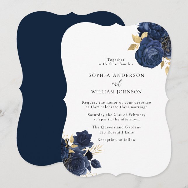 Invitation Elégant Marine & Blanc Simple Moderne Floral Maria (Devant / Derrière)