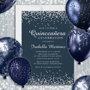 Invitation Elégant Marine Bleu Argent Confetti Quinceañera