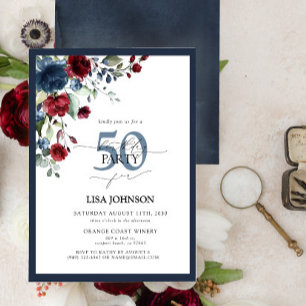 Invitation Elégant Marine Bleu Bourgogne Floral 50e Anniversa