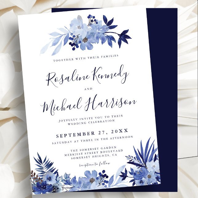 Invitation Elégant Marine Bleu Flore Foliage Mariage moderne  (Créateur téléchargé)