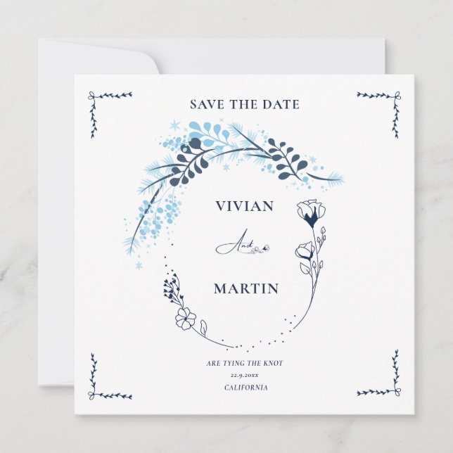 Invitation Élégant Marine Bleu Monogramme Floral Enregistrer  (Devant)