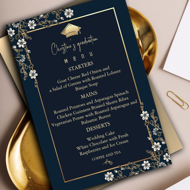 Invitation Elégant Marine Blue and Gold Graduation Menu (Elegant Navy Blue and Gold Graduation #graduationparty #graduate #menu #dinner #dining #floralframe)