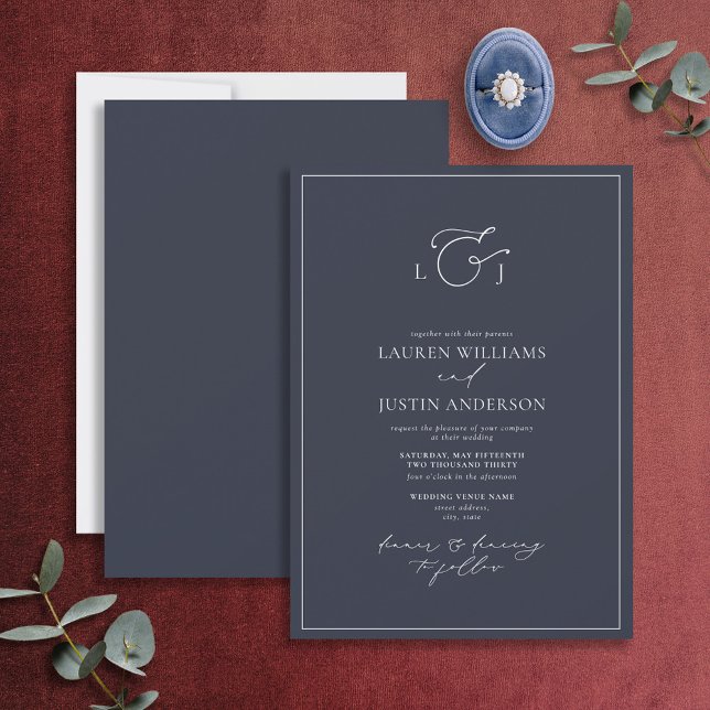 Invitation Élégant Marine Blue Calligraphy Monogram Mariage (Créateur téléchargé)