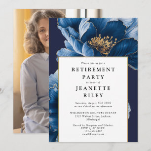 Invitation Elégant Marine Blue Floral Retraite Party Photo
