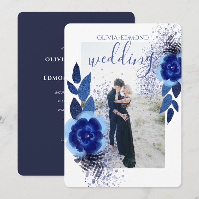 Invitation Elégant Marine Blue Flowers Cadre Photo Mariage (Devant / Derrière)