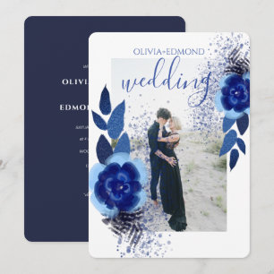 Invitation Elégant Marine Blue Flowers Cadre Photo Mariage