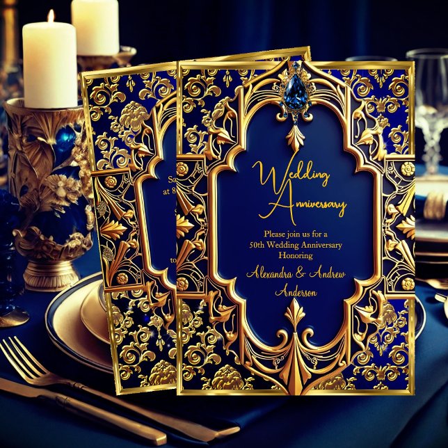 Invitation Elégant Marine Blue Gem Gold 50e anniversaire (Créateur téléchargé)