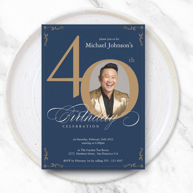 Invitation Elégant Marine Blue Gold 40e anniversaire (Elegant Navy Blue Gold 40th Birthday Invitation)