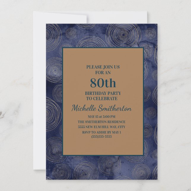 Invitation Elégant Marine Blue Gold 80e anniversaire (Devant)
