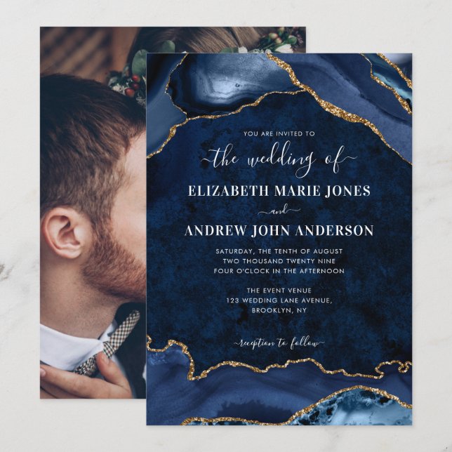 Invitation Elegant Marine Blue Gold Agate Geode Photo Mariage (Devant / Derrière)