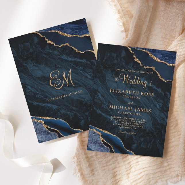 Invitation Élégant Marine Blue Gold Agate Monogramme Mariage (Créateur téléchargé)