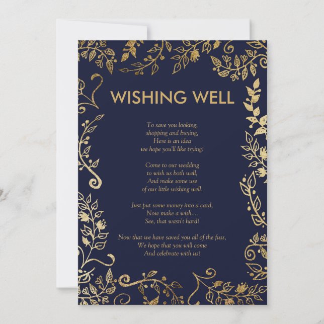 Invitation Elégant Marine Blue Gold Floral Wishing well (Devant)