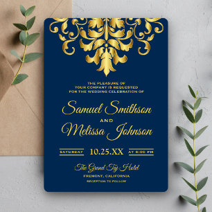 Invitation Elégant Marine Blue Gold Mariage damassé Invitatio
