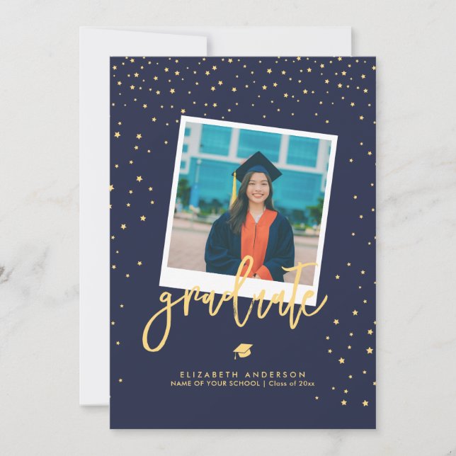 Invitation Elégant Marine Blue & Gold Stars Graduation Photo (Devant)