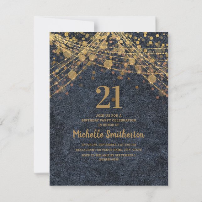 Invitation Elégant Marine Blue Gold String Lumières 21e anniv (Devant)