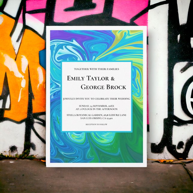 Invitation Elégant Marine Blue Green Waves Abstrait Art Maria (Créateur téléchargé)