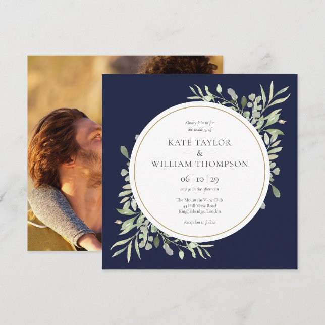 Invitation Elégant Marine Blue Greenery Photo Carré Mariage (Devant / Derrière)