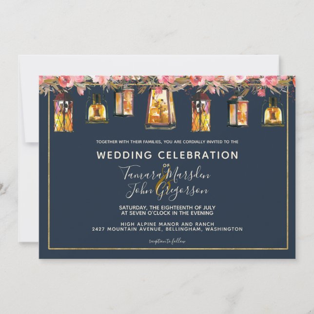 Invitation Elégant Marine Coral bleu Mariage photo floral (Devant)
