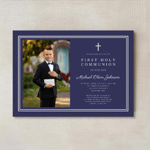 Invitation Elégant Marine Croix Bleue Photo Boy First Communi