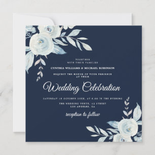 Invitation élégant marine et mariage floral bleu poussiéreux