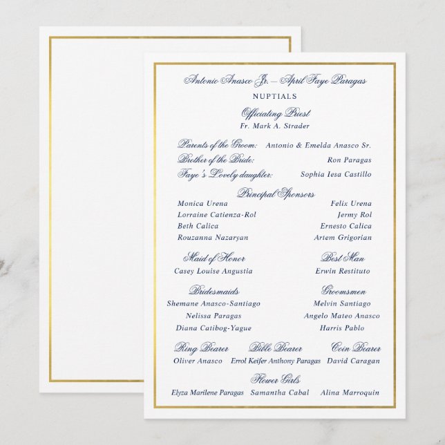 Invitation Elégant Marine Faux Gold Bordure Entourage personn (Devant / Derrière)
