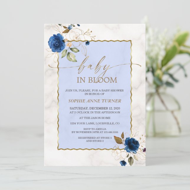 Invitation Elégant Marine Fleurs Bleues Gold Garçon bébé en F (Debout devant)