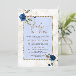 Invitation Elégant Marine Fleurs Bleues Gold Garçon bébé en F