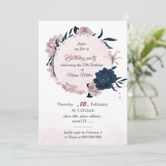 Invitation élégant marine & fleurs roses anniversaire (Debout devant)