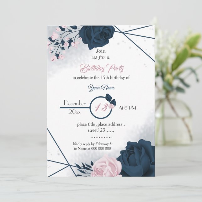 Invitation élégant marine & fleurs roses anniversaire (Debout devant)