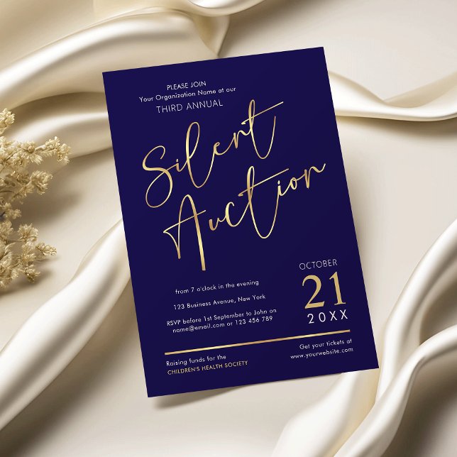 Invitation Elégant Marine & Gold Business Enchères Silent Ann (Silent auction invitation design in navy and gold with elegant script fonts)
