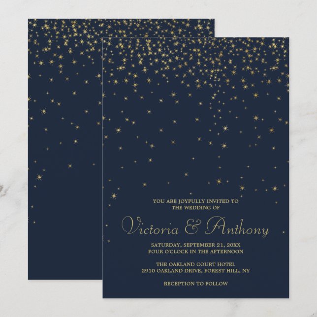Invitation Elégant Marine & Gold Falling Stars Mariage (Devant / Derrière)