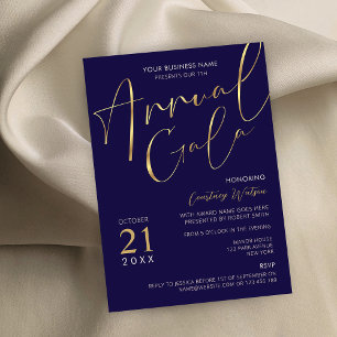 Invitation Elégant Marine & Gold Script Business Gala annuel