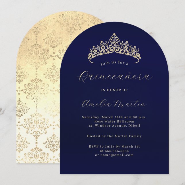 Invitation Elégant Marine Gold Tiara Quinceanera (Devant / Derrière)