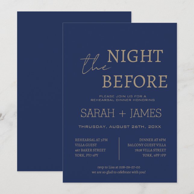 Invitation Elegant Marine la nuit avant le dîner Mariage (Devant / Derrière)