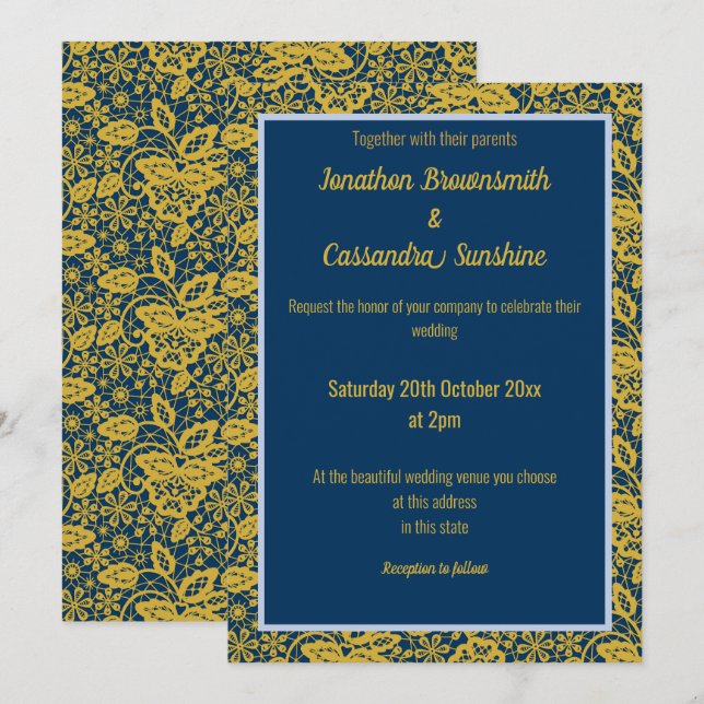 INVITATION ELEGANT MARINE PERIWRINKLE GOLD LEAF MARIAGE (Devant / Derrière)
