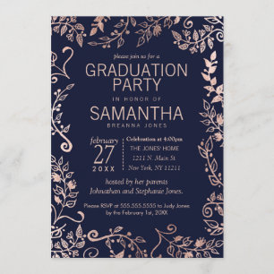 Invitation Élégant Marine Rose bleu or Floral Graduation
