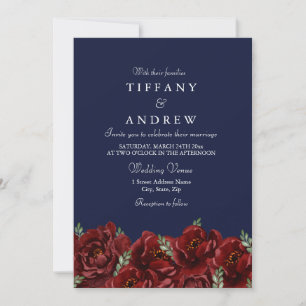 Invitation Elégant Marine Rouge Rose Leaf Mariage moderne Inv