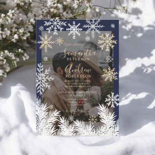 Invitation Elégant Marine Rustique Snowflakes Mariage d'hiver