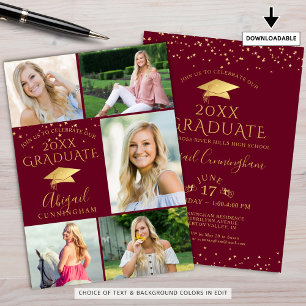 Invitation Élégant Maroon Bourgogne Gold 5 Photo Gradué