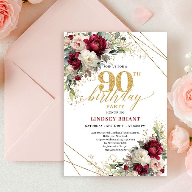 Invitation Elegant Maroon Gold Floral 90th Birthday Invite  (Elegant Maroon Gold Floral 90th Birthday Invite Card

)