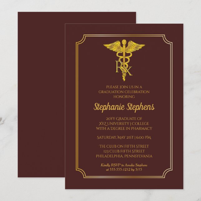 Invitation Elégant Maroon | Gold Rx Pharmacy Graduation Party (Devant / Derrière)